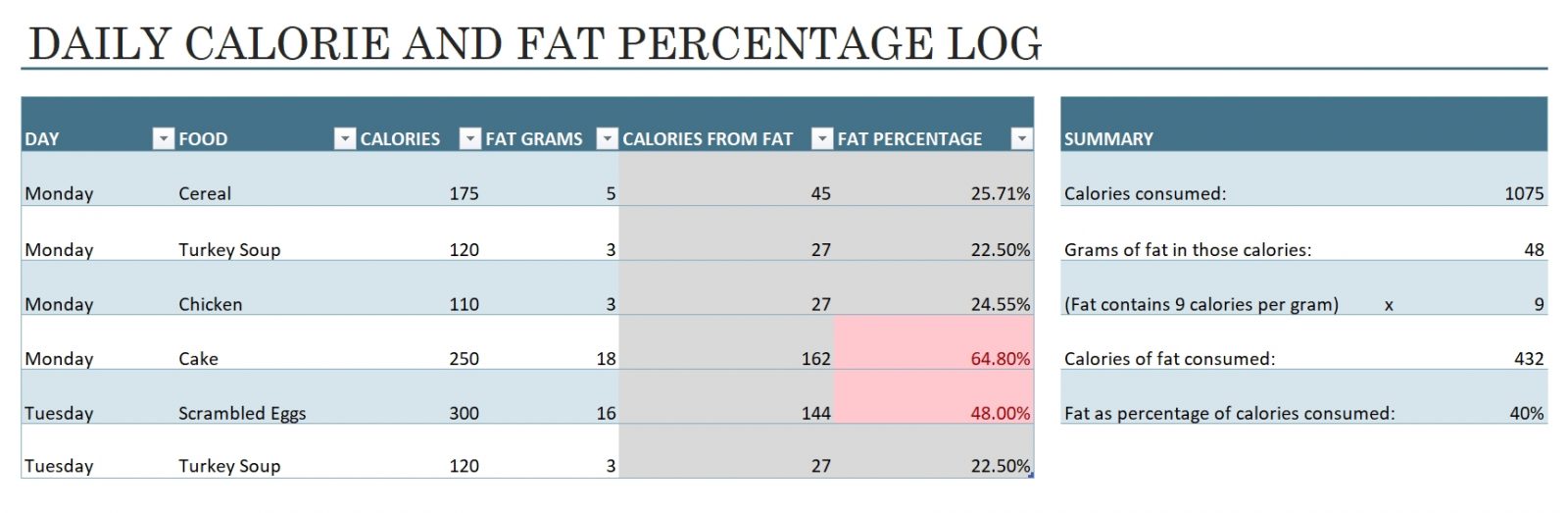 Calorie Intake Excel Template