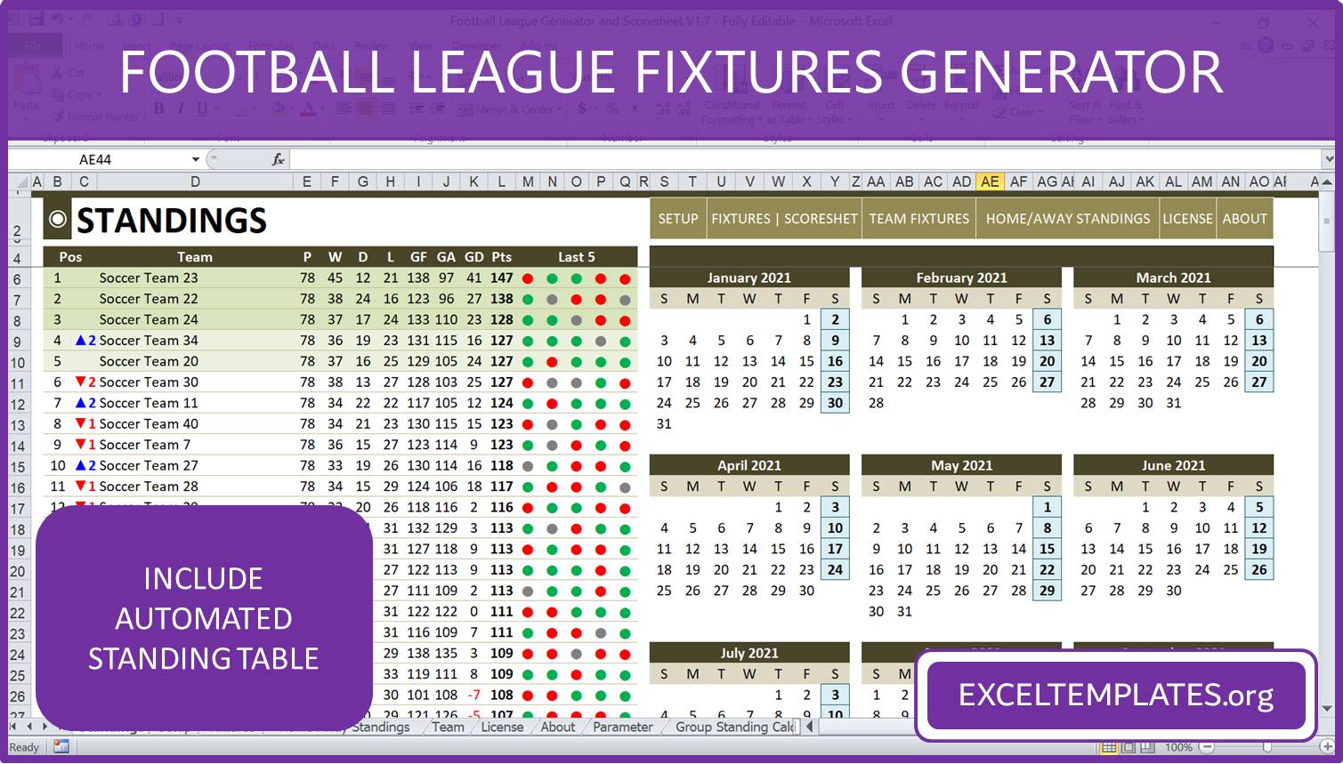 Soccer League Generator and Automatic Standing Table Excel Template