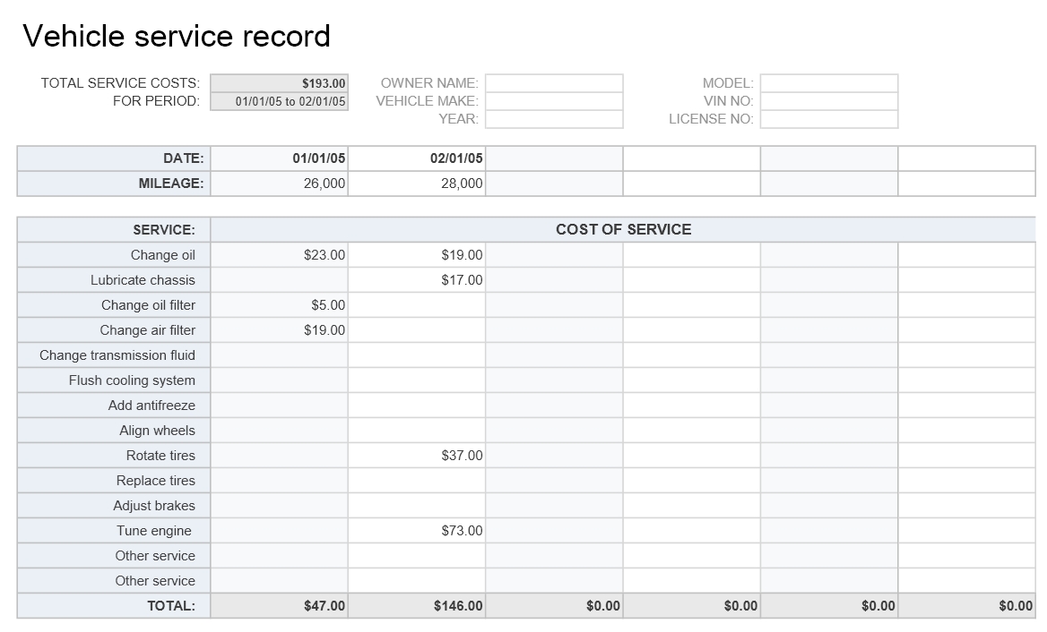 Vehicle Service Record Excel Template