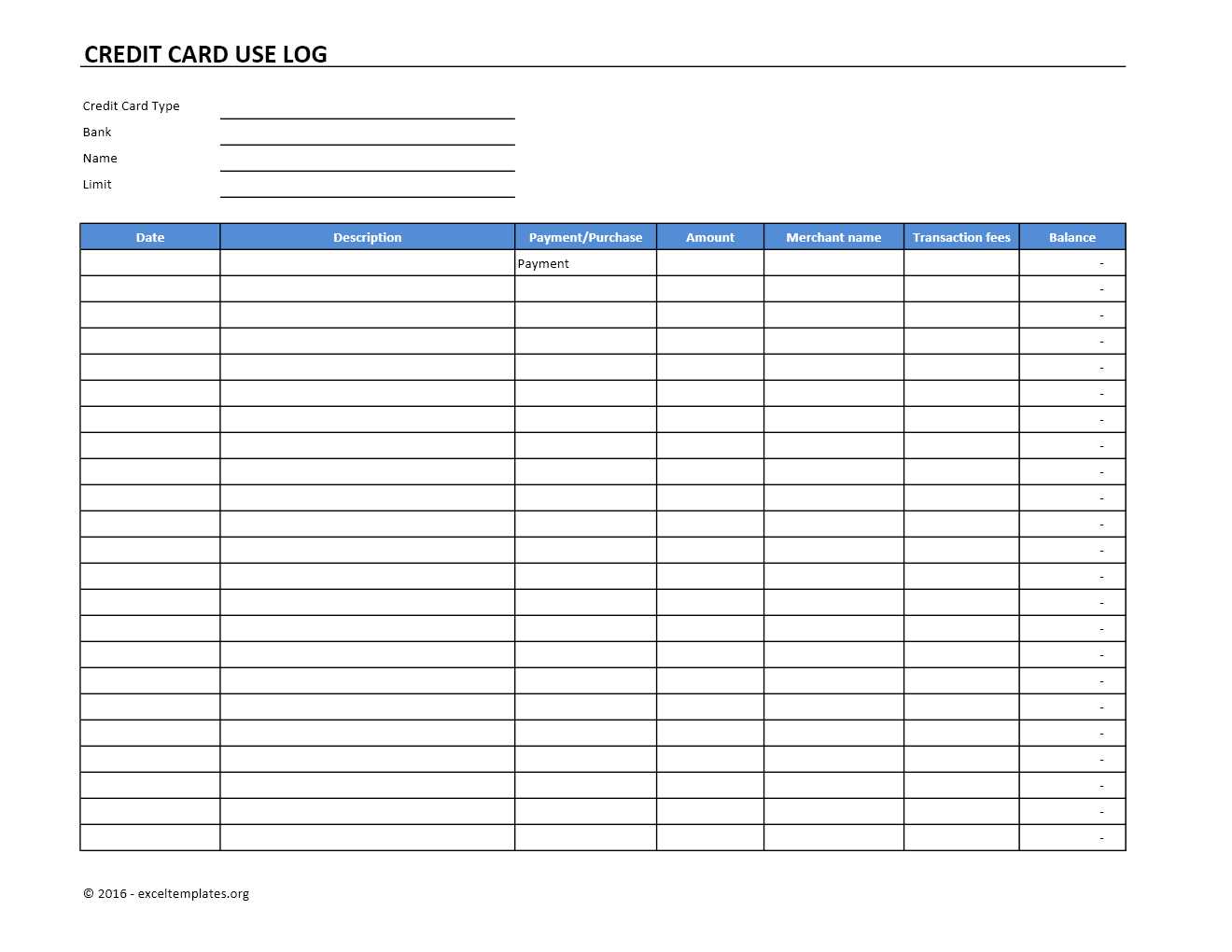 Credit Card Use Log Excel Template