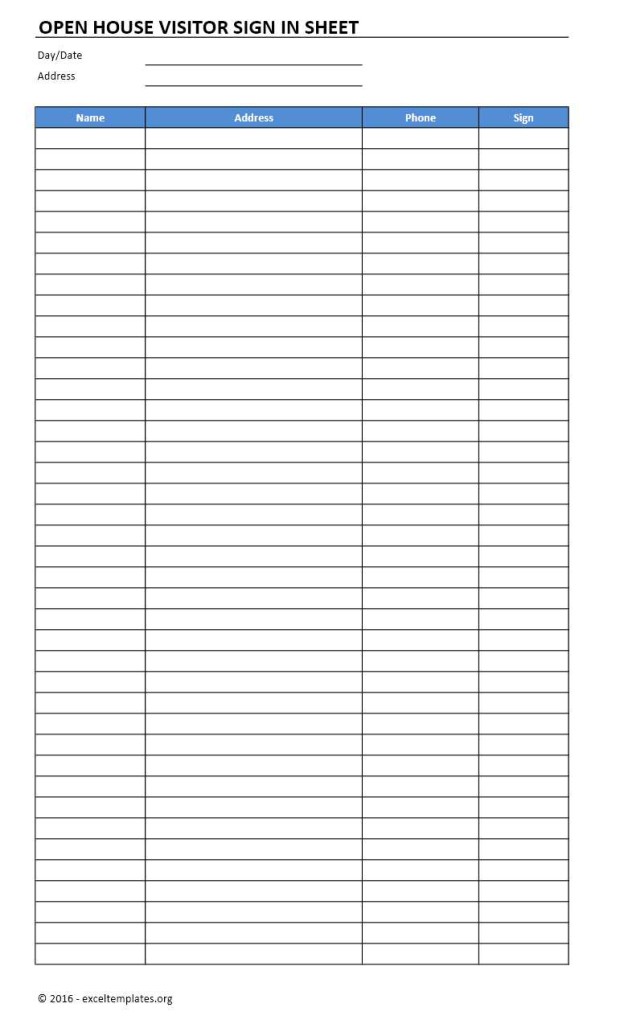 Open House Visitor Sign In Sheet Excel Template